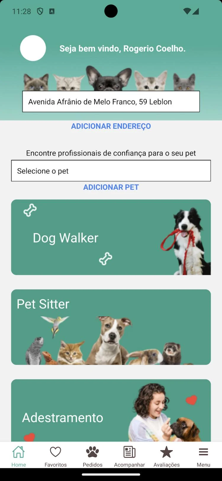 Tela inicial com dog walker, pet sitter e adestramento