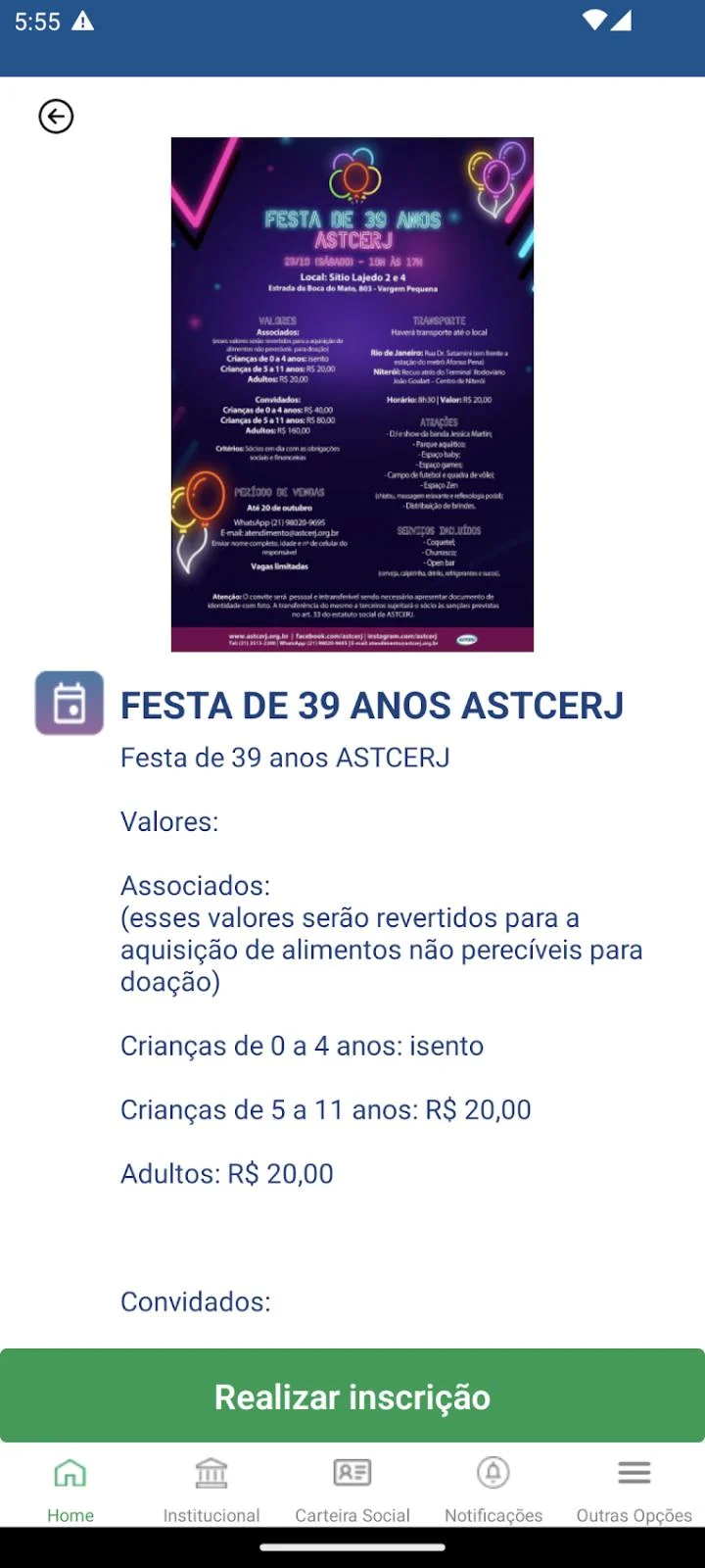 Detalhes do evento com botão de inscrição