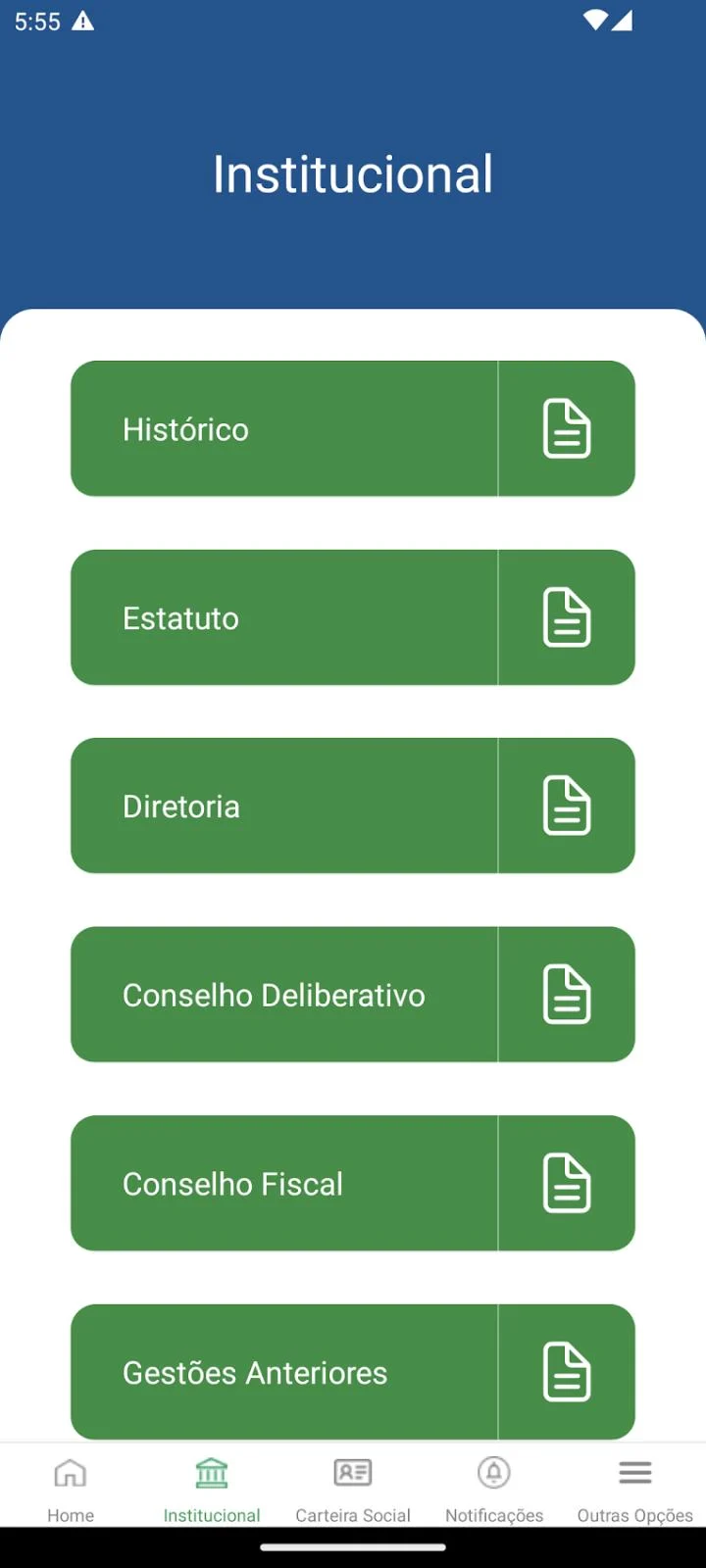Área institucional com histórico, estatuto e diretoria