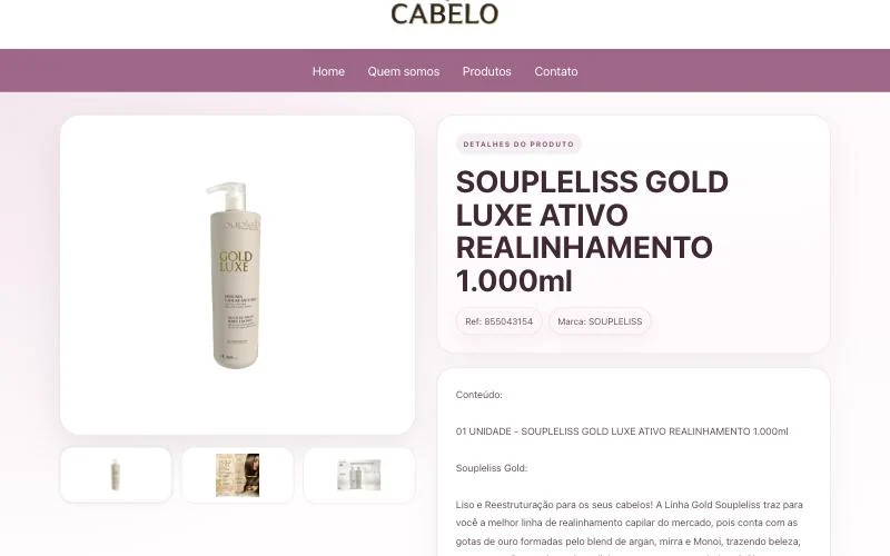 Página de produto com galeria de fotos, referência e marca