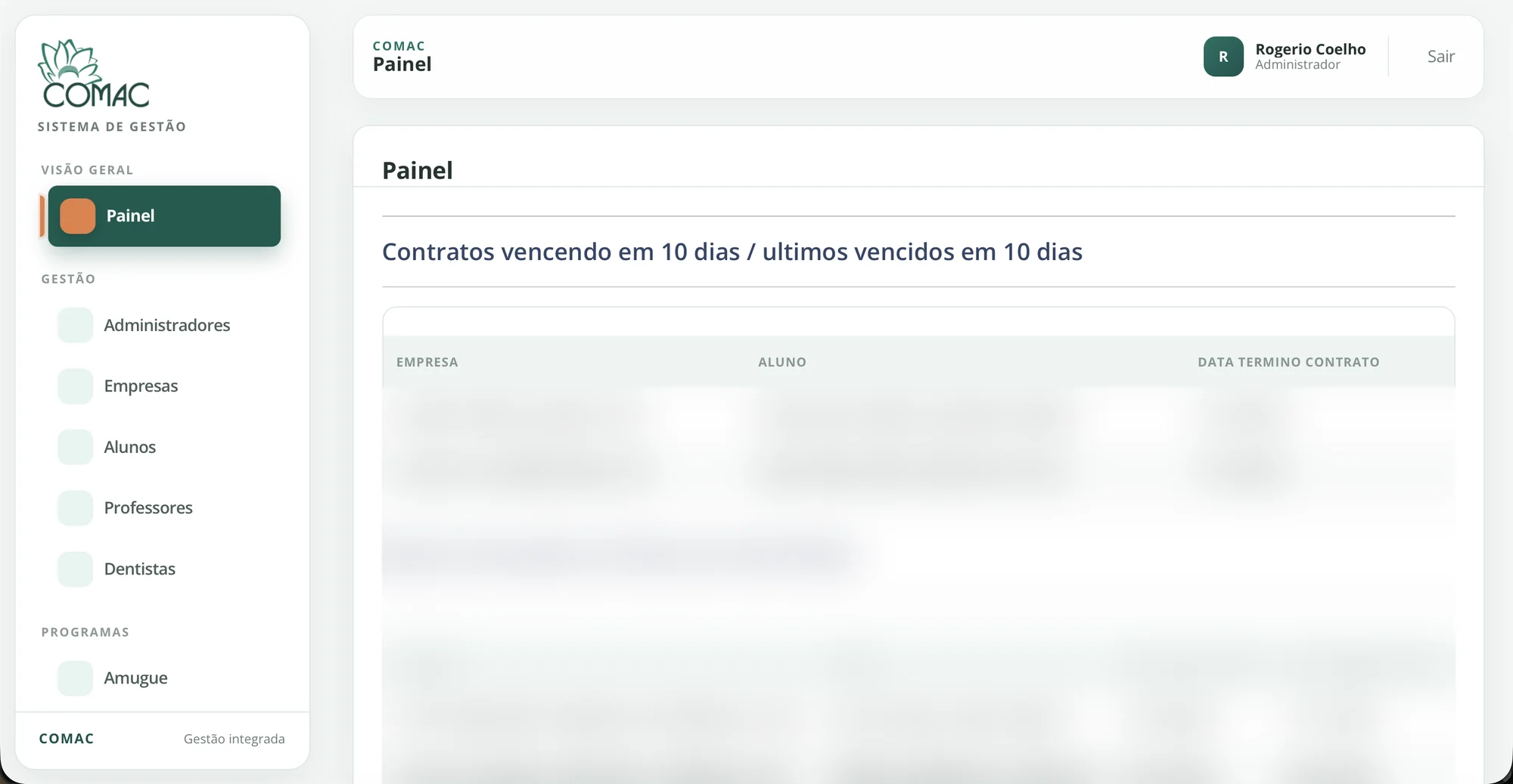 Painel com contratos vencendo e alunos entrando em férias (dados ocultos)