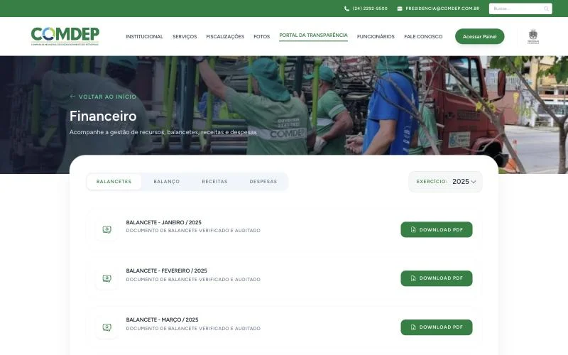 Área financeira do portal da COMDEP com balancetes por exercício e download em PDF