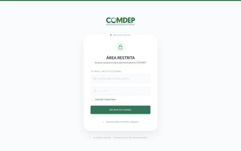 Tela de acesso à área restrita do sistema administrativo da COMDEP