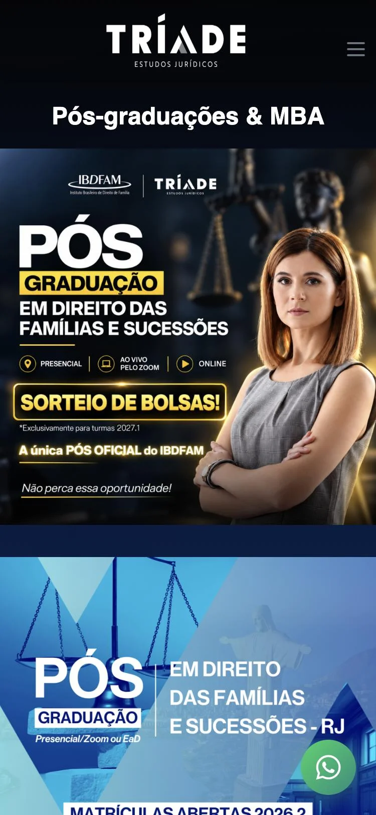 Site do Tríade no celular, com a vitrine de cursos