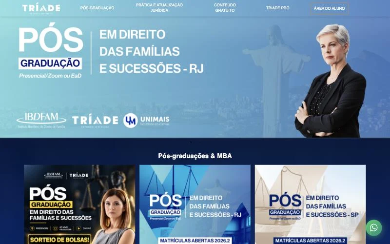 Página inicial do site do Tríade Estudos Jurídicos com destaque para a pós-graduação em Direito das Famílias e Sucessões