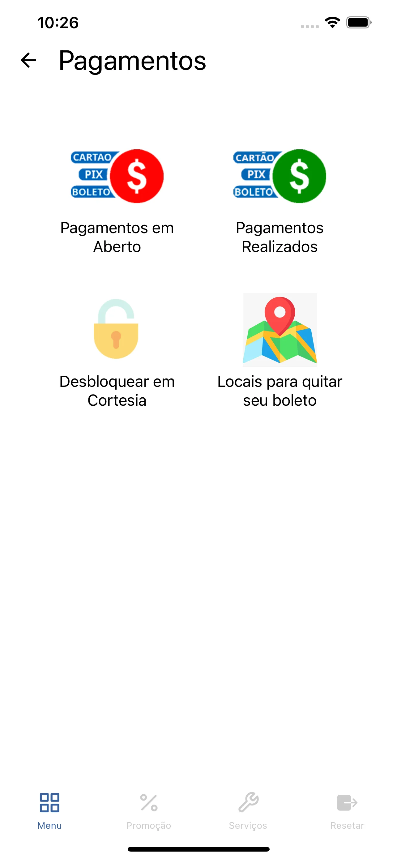 Área de pagamentos com cartão, Pix e boleto
