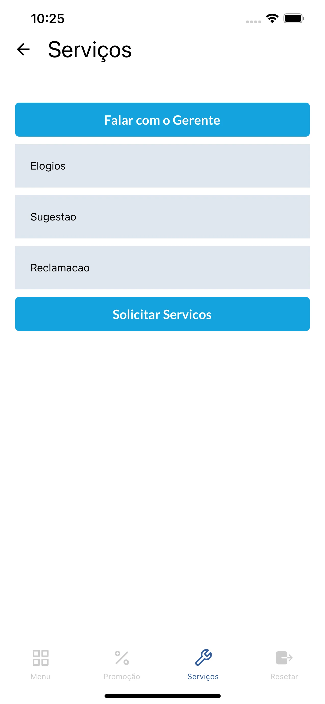 Serviços com contato com o gerente, elogios, sugestões e reclamações