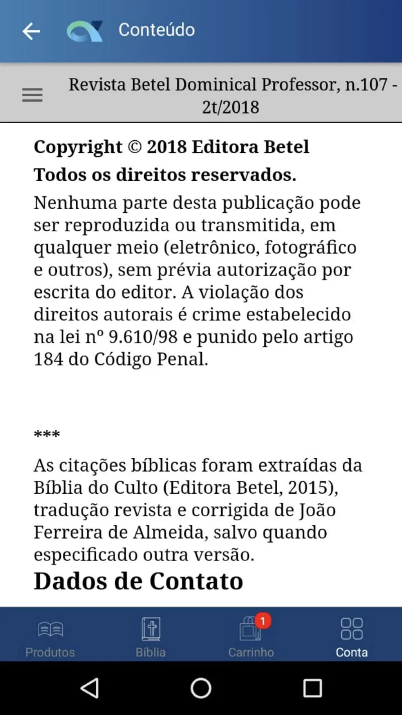 Leitura da revista da Escola Bíblica Dominical no aplicativo