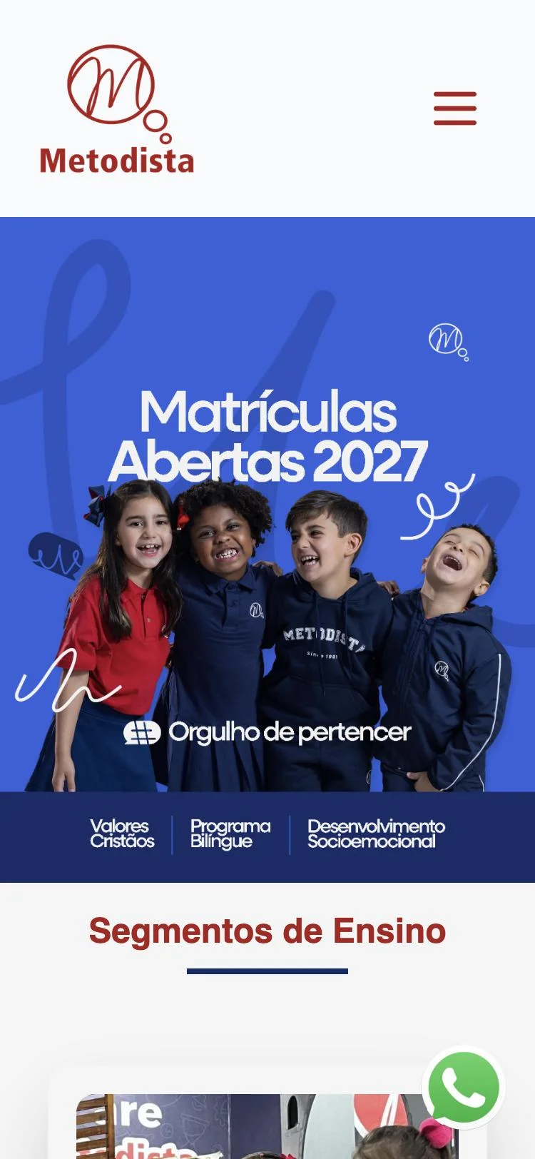 Site do Colégio Metodista de Petrópolis no celular com a campanha Matrículas Abertas 2027