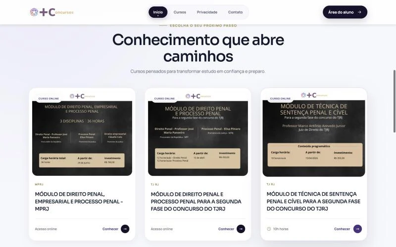 Vitrine de cursos preparatórios do +Concursos para MPRJ e TJRJ