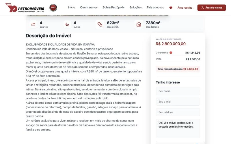 Descrição do imóvel e quadro de investimento com condomínio, IPTU e total mensal estimado