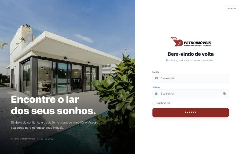 Tela de acesso à área restrita da Petroimóveis