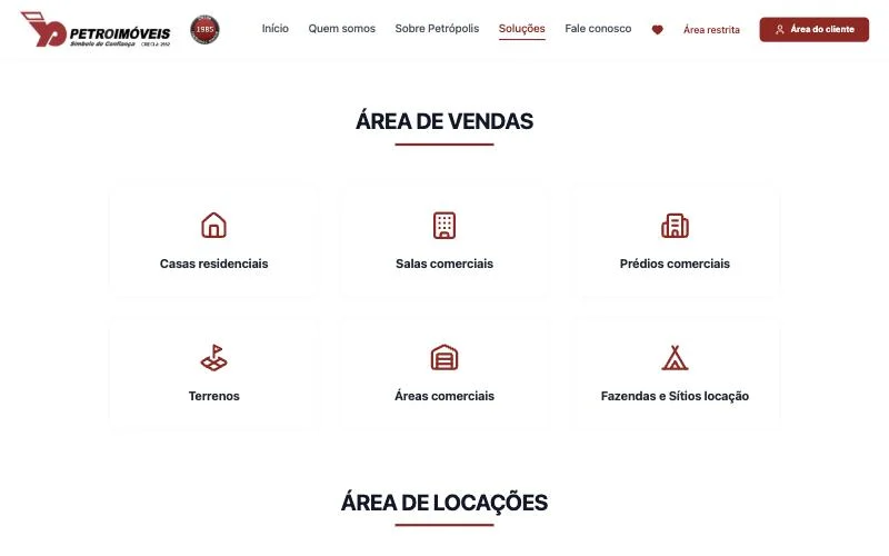 Página de soluções da Petroimóveis com áreas de venda e locação
