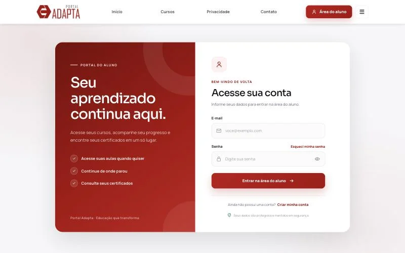 Acesso à área do aluno do Portal Adapta