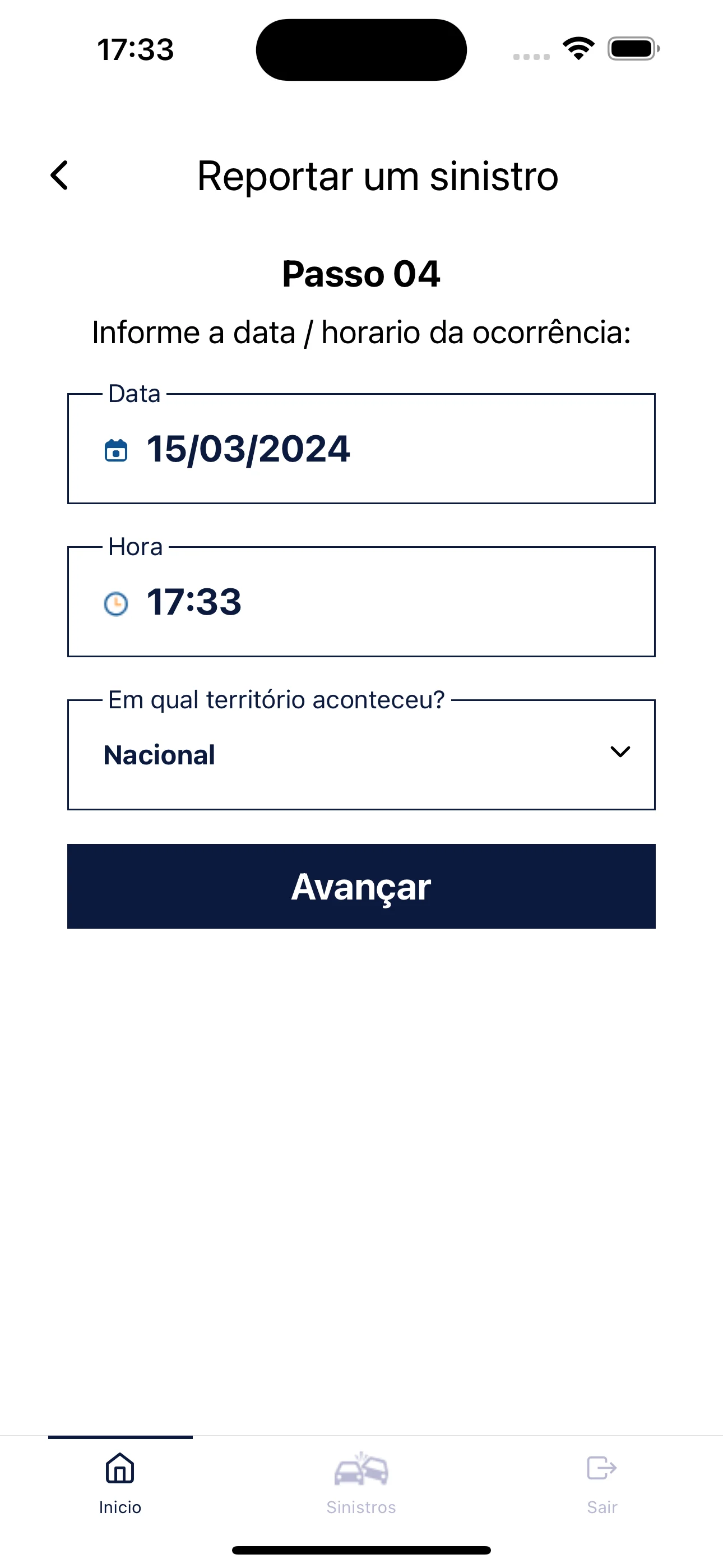 Passo com data, horário e território da ocorrência