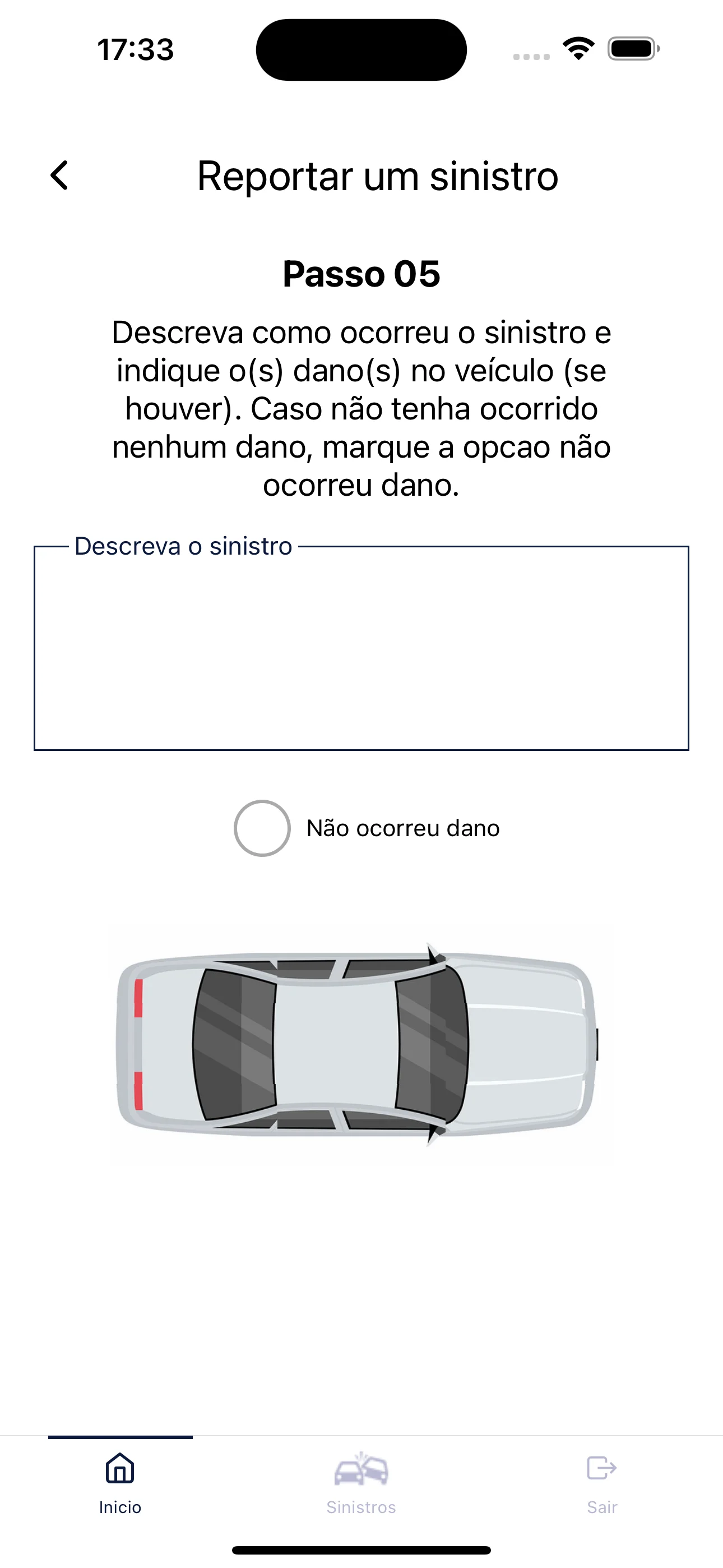 Descrição do sinistro e marcação de danos no veículo