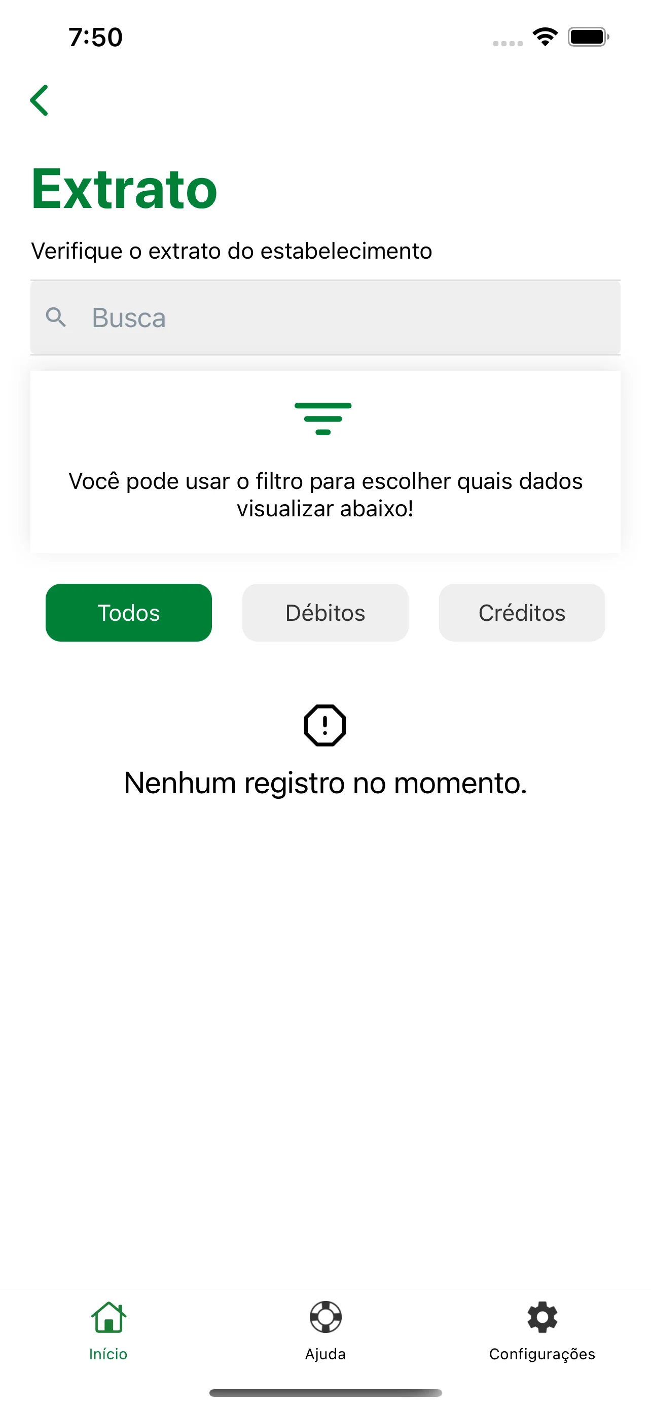 Extrato do estabelecimento com filtro de débitos e créditos