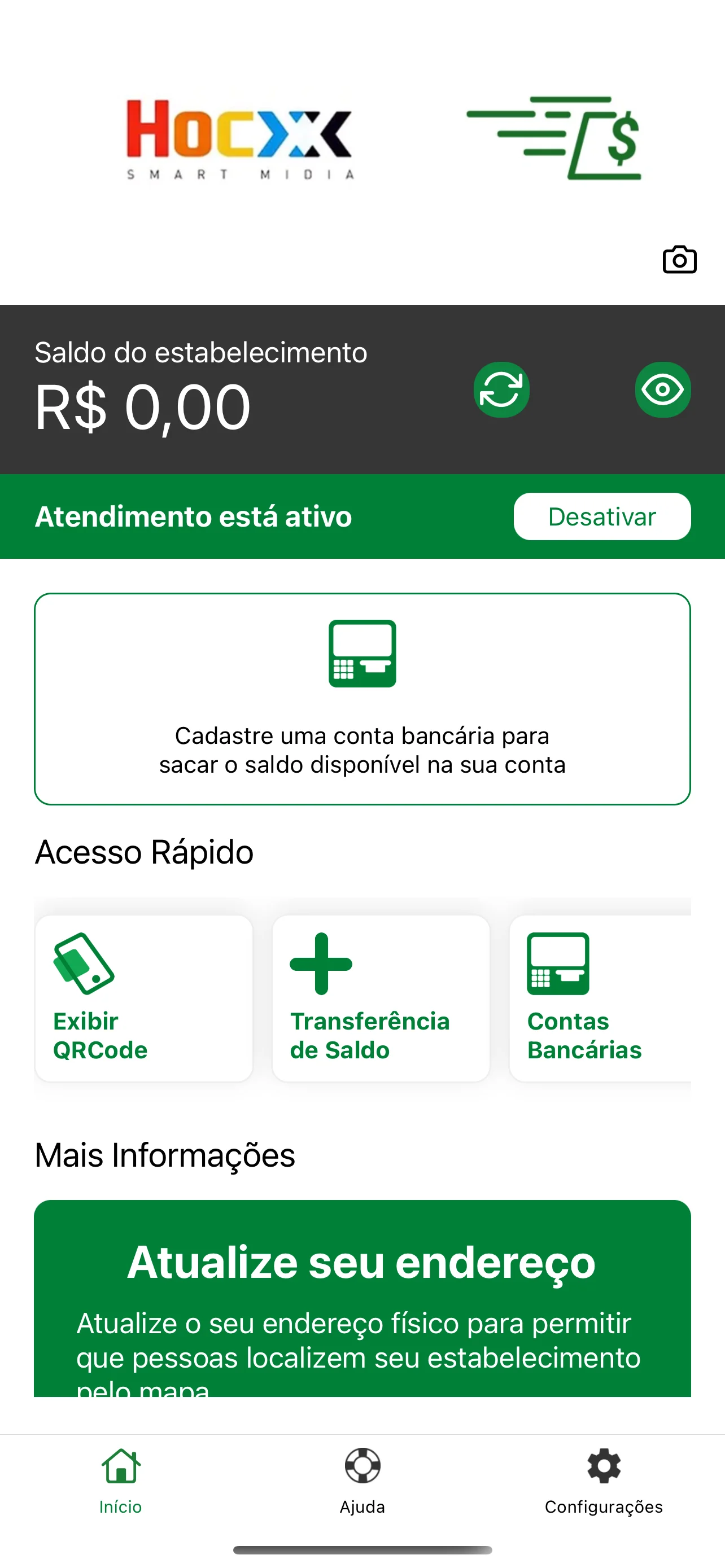 App Saca aí Empresas com saldo do estabelecimento e atendimento ativo