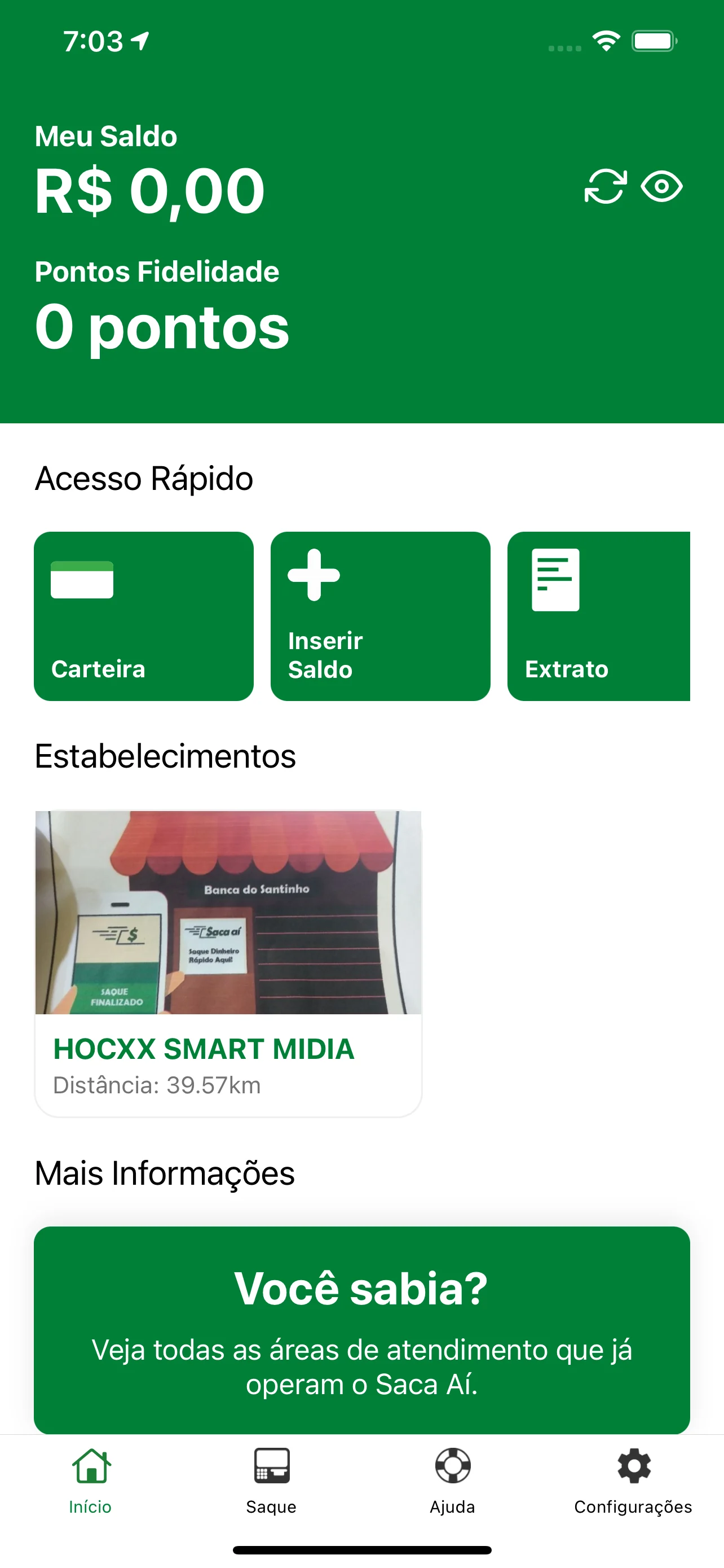 App do usuário com saldo, pontos de fidelidade e estabelecimentos próximos