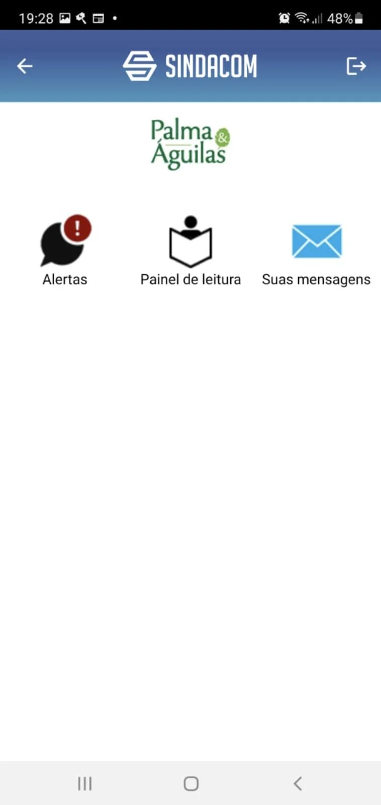 Menu do condomínio com alertas, painel de leitura e mensagens
