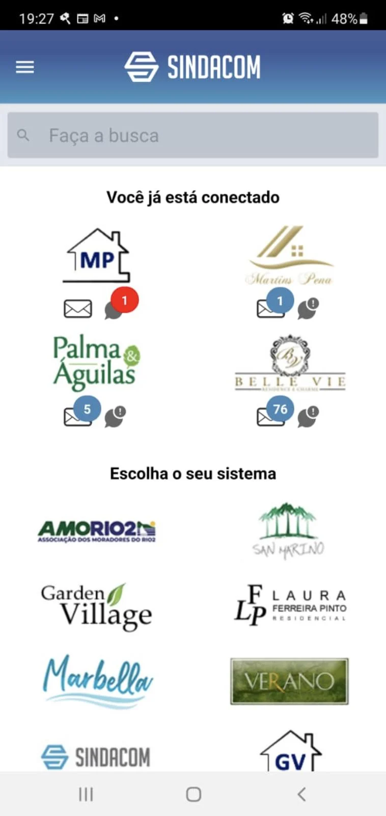 Tela inicial do Sindacom com os condomínios conectados