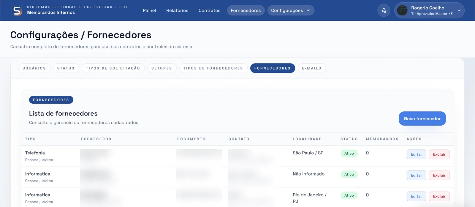 Cadastro de fornecedores