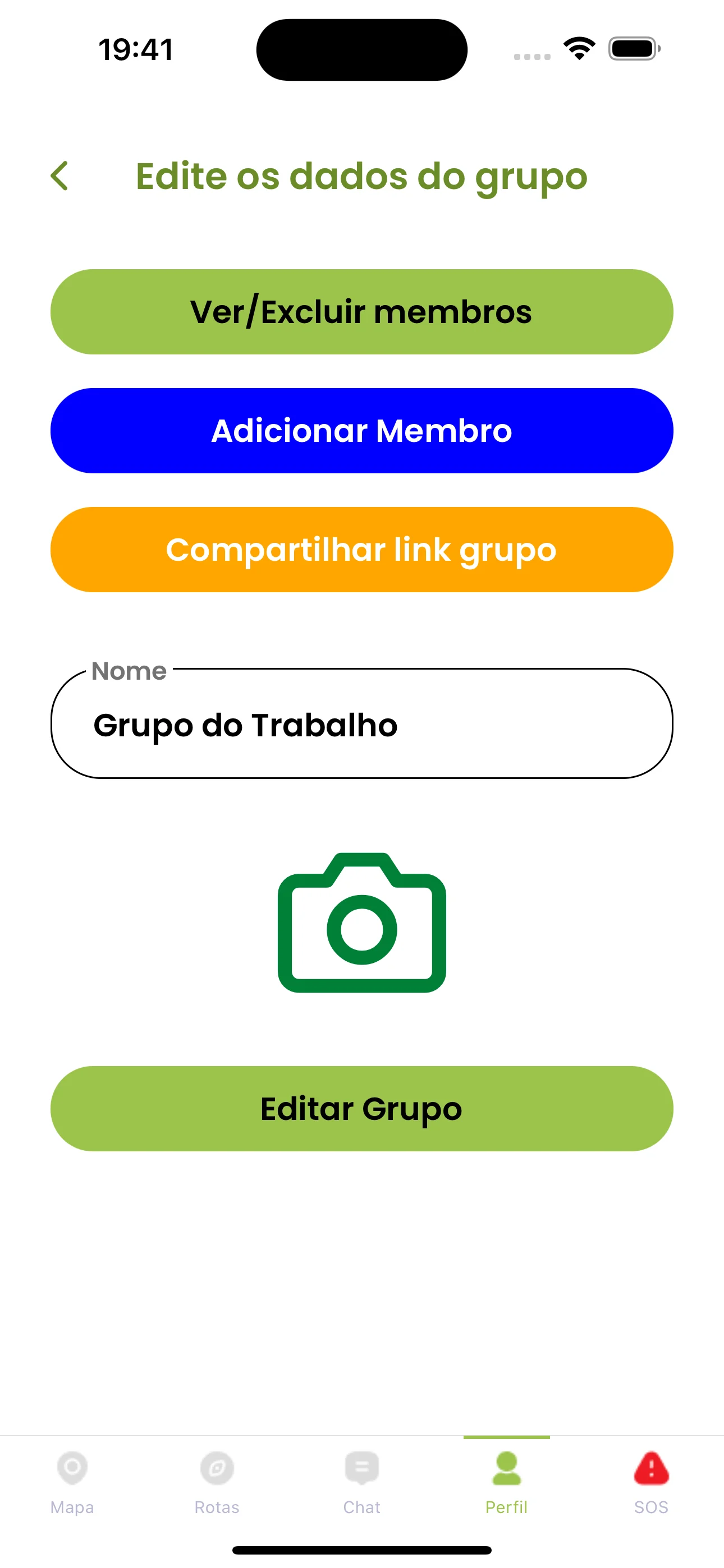 Edição do grupo com membros e link de convite