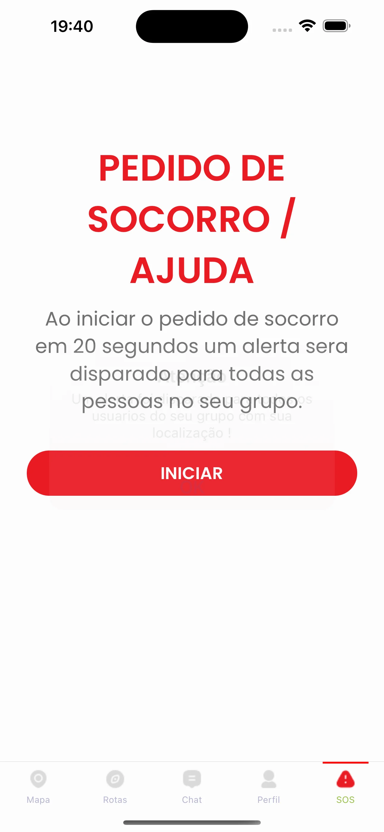 Tela de pedido de socorro com alerta para o grupo